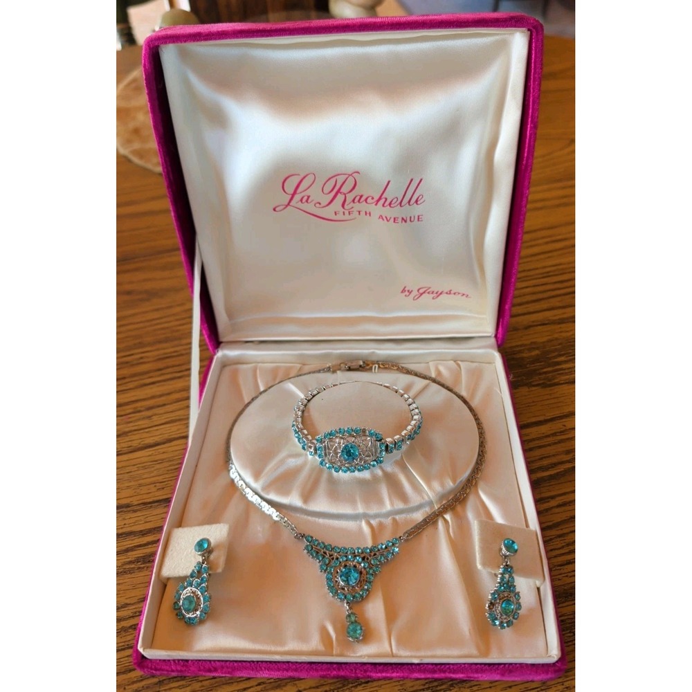 La Rachelle Fifth Avenue Necklace Bracelet Earrings Set Art Deco Rhinestone Box